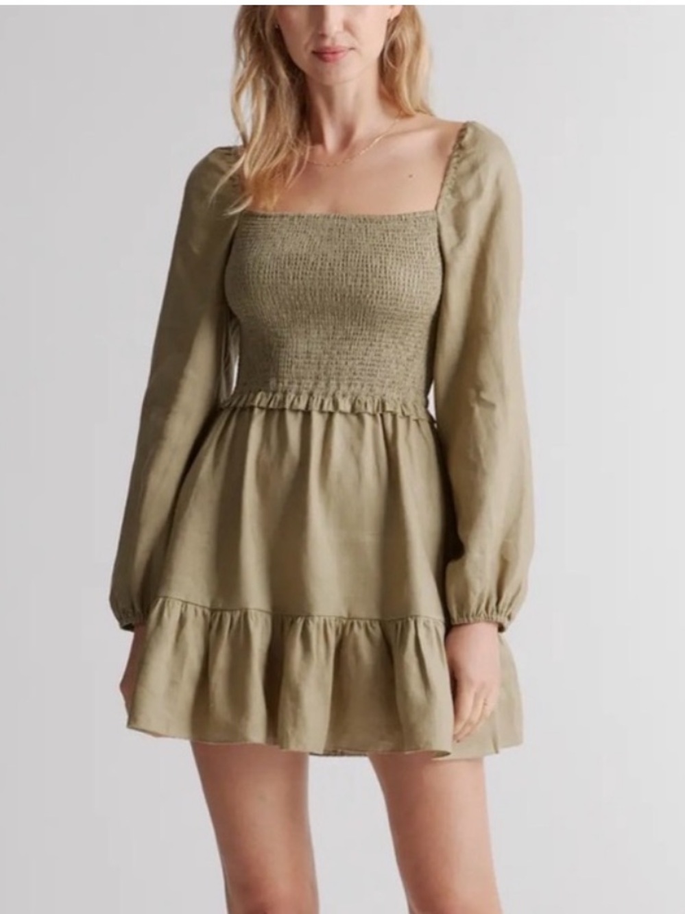 Quince Olive Green Long Sleeve Smocked Babydoll Dress